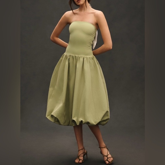 NWT! Anthro Sage Green Mare Mare Strapless Drop-Waist Bubble Midi Dress 🔴🐚🖼️ - Picture 3 of 11